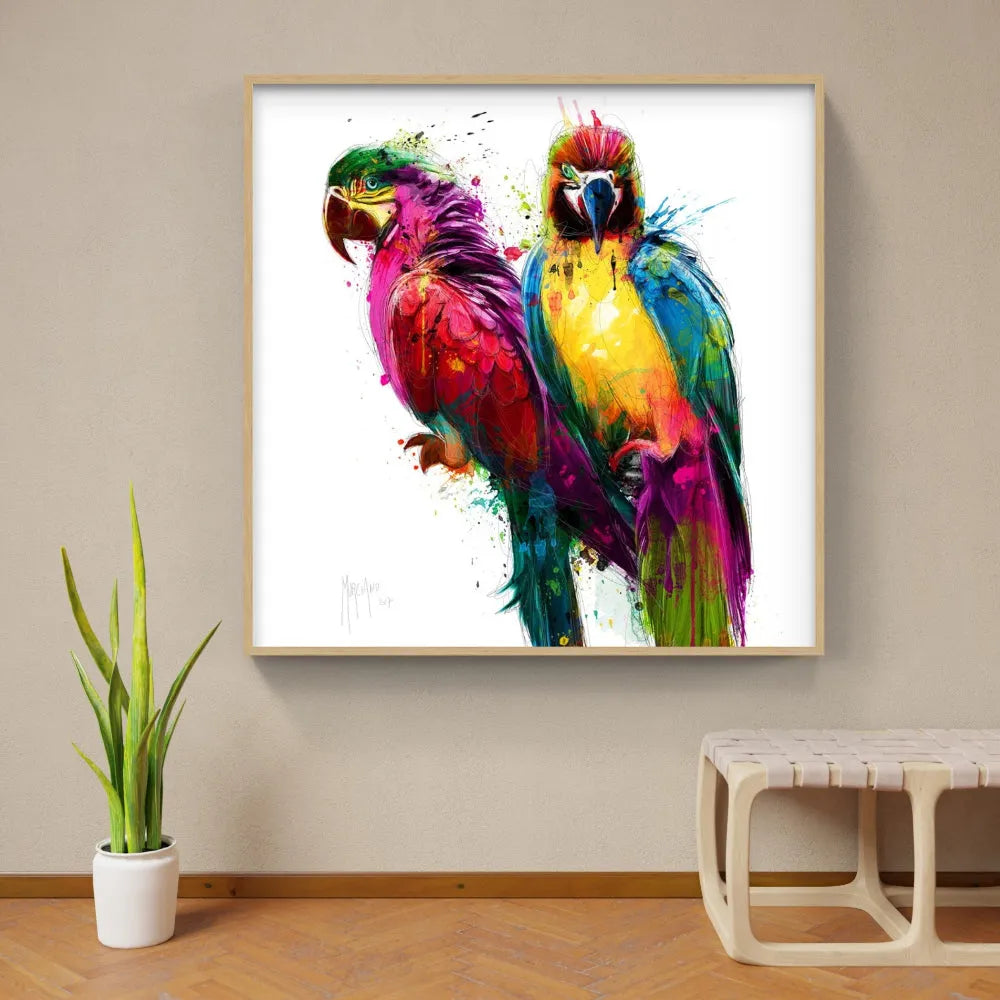 Touteladeco / toile / tableau / Patrice Murciano / tableau perroquets tropicaux / art animalier coloré / décoration murale exotique / perroquets multicolores / style pop art moderne / peinture éclaboussée vive / aras stylisés / ambiance tropicale et joyeuse / impression sur toile / déco vibrante et expressive