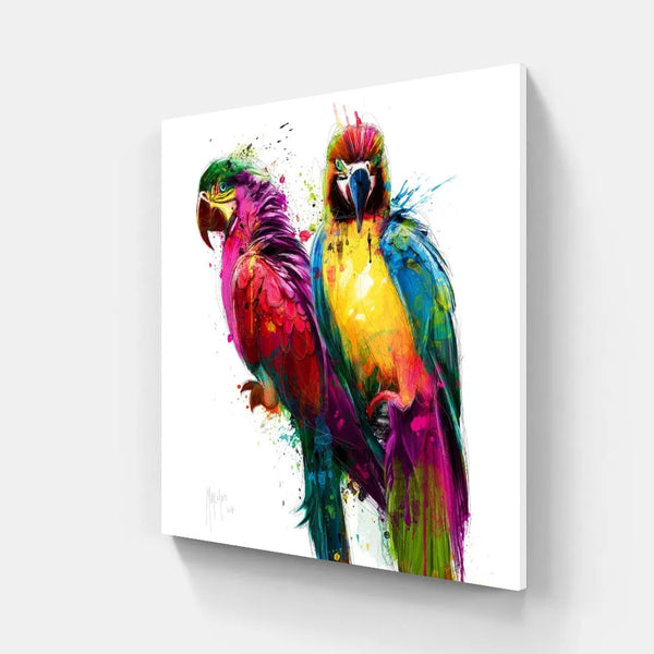 Touteladeco / toile / tableau / Patrice Murciano / tableau perroquets tropicaux / art animalier coloré / décoration murale exotique / perroquets multicolores / style pop art moderne / peinture éclaboussée vive / aras stylisés / ambiance tropicale et joyeuse / impression sur toile / déco vibrante et expressive