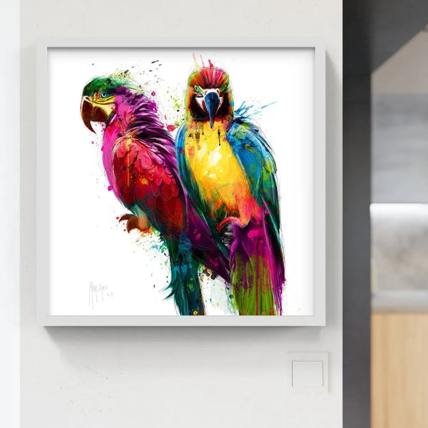 Touteladeco / toile / tableau / Patrice Murciano / tableau perroquets tropicaux / art animalier coloré / décoration murale exotique / perroquets multicolores / style pop art moderne / peinture éclaboussée vive / aras stylisés / ambiance tropicale et joyeuse / impression sur toile / déco vibrante et expressive