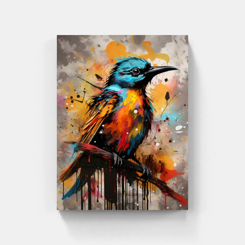 Touteladeco / Toile / Tableau / tableau oiseau tropical / guêpier stylisé / art animalier coloré / décoration murale exotique / oiseau multicolore / peinture pop art vibrante / style graffiti contemporain / éclaboussures de peinture / déco moderne et expressive / impression sur toile