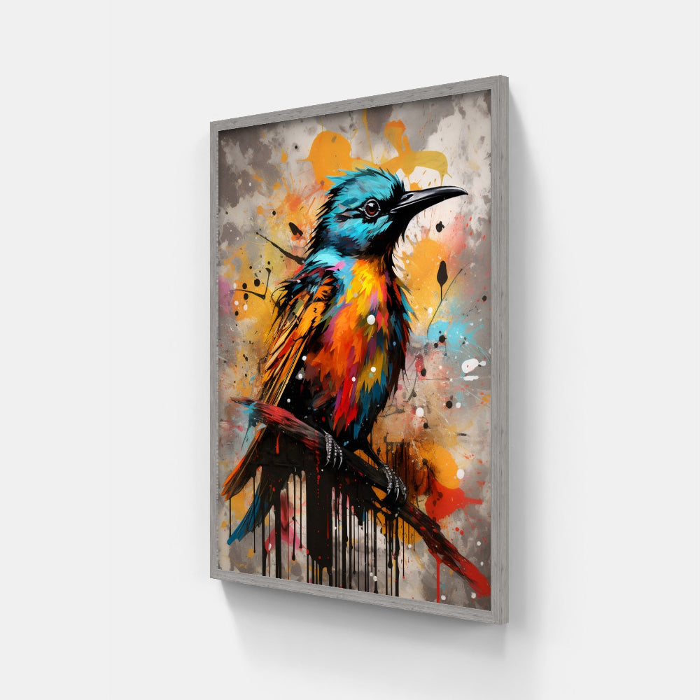 Touteladeco / Toile / Tableau / tableau oiseau tropical / guêpier stylisé / art animalier coloré / décoration murale exotique / oiseau multicolore / peinture pop art vibrante / style graffiti contemporain / éclaboussures de peinture / déco moderne et expressive / impression sur toile