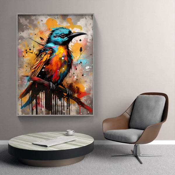 Touteladeco / Toile / Tableau / tableau oiseau tropical / guêpier stylisé / art animalier coloré / décoration murale exotique / oiseau multicolore / peinture pop art vibrante / style graffiti contemporain / éclaboussures de peinture / déco moderne et expressive / impression sur toile