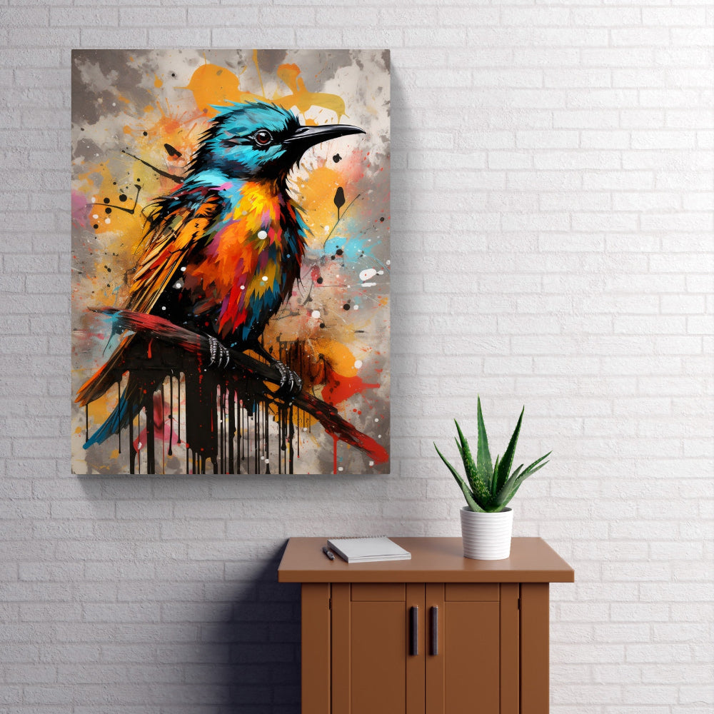 Touteladeco / Toile / Tableau / tableau oiseau tropical / guêpier stylisé / art animalier coloré / décoration murale exotique / oiseau multicolore / peinture pop art vibrante / style graffiti contemporain / éclaboussures de peinture / déco moderne et expressive / impression sur toile