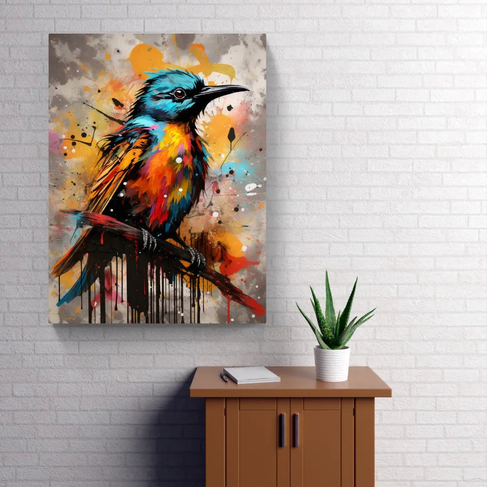 Touteladeco / Toile / Tableau / tableau oiseau tropical / guêpier stylisé / art animalier coloré / décoration murale exotique / oiseau multicolore / peinture pop art vibrante / style graffiti contemporain / éclaboussures de peinture / déco moderne et expressive / impression sur toile