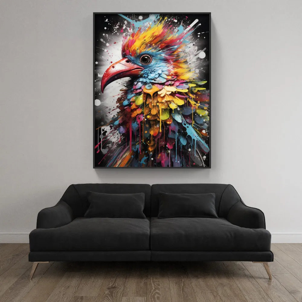 Touteladeco / Toile / Tableau / tableau oiseau pop art / oiseau exotique coloré / art animalier moderne / décoration murale tropicale / explosion de couleurs / style graffiti artistique / oiseau multicolore stylisé / peinture vibrante et expressive / déco originale et vive / impression sur toile