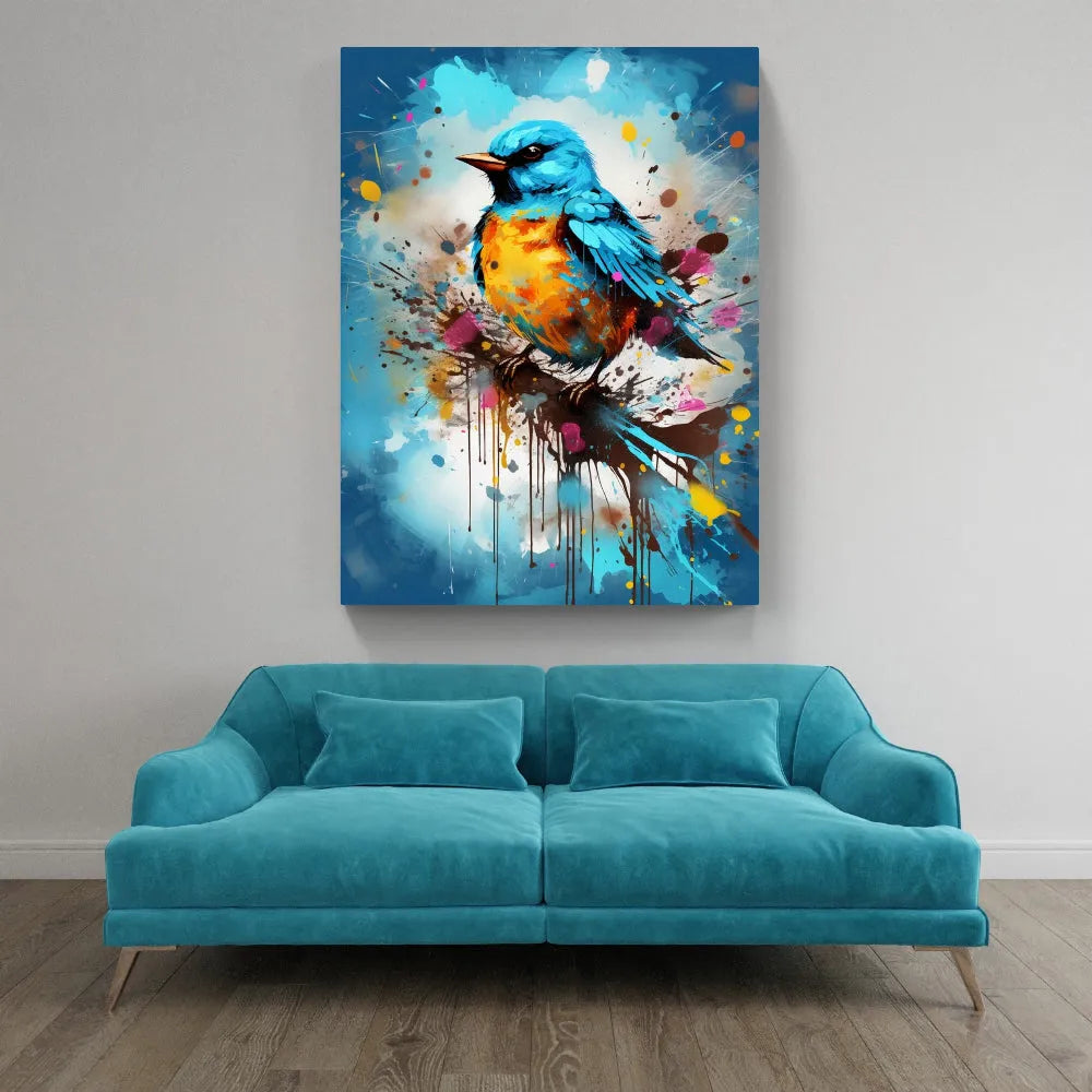 Touteladeco / Toile / Tableau / tableau oiseau bleu / merlebleu de l’Est stylisé / art animalier coloré / décoration murale poétique / peinture pop art oiseau / effet éclaboussures de peinture / oiseau bleu et orange / style street art moderne / déco naturelle et expressive / impression sur toile