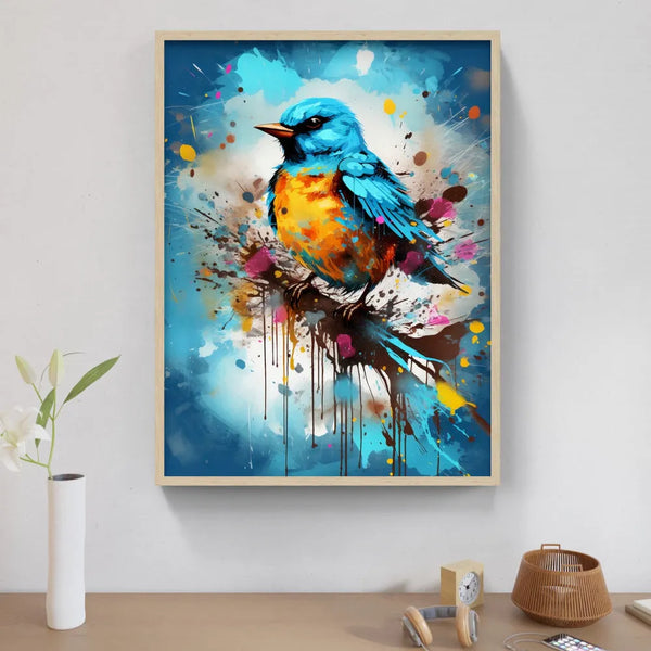 Touteladeco / Toile / Tableau / tableau oiseau bleu / merlebleu de l’Est stylisé / art animalier coloré / décoration murale poétique / peinture pop art oiseau / effet éclaboussures de peinture / oiseau bleu et orange / style street art moderne / déco naturelle et expressive / impression sur toile