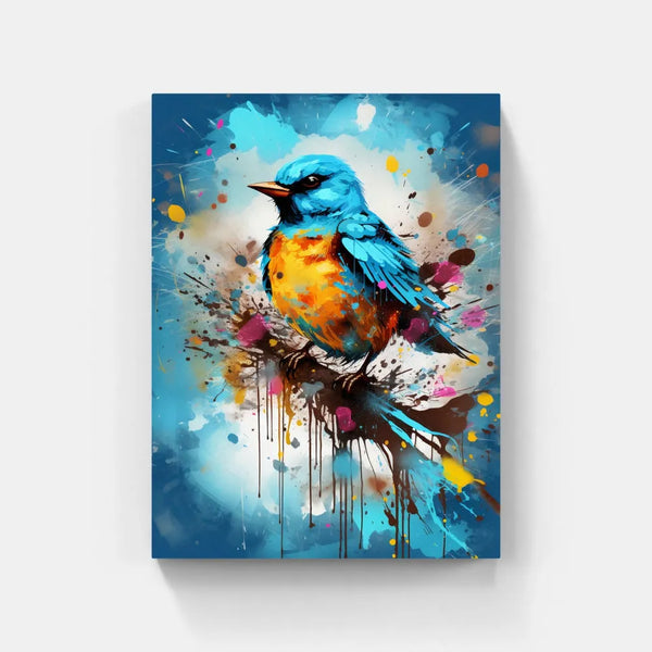 Touteladeco / Toile / Tableau / tableau oiseau bleu / merlebleu de l’Est stylisé / art animalier coloré / décoration murale poétique / peinture pop art oiseau / effet éclaboussures de peinture / oiseau bleu et orange / style street art moderne / déco naturelle et expressive / impression sur toile