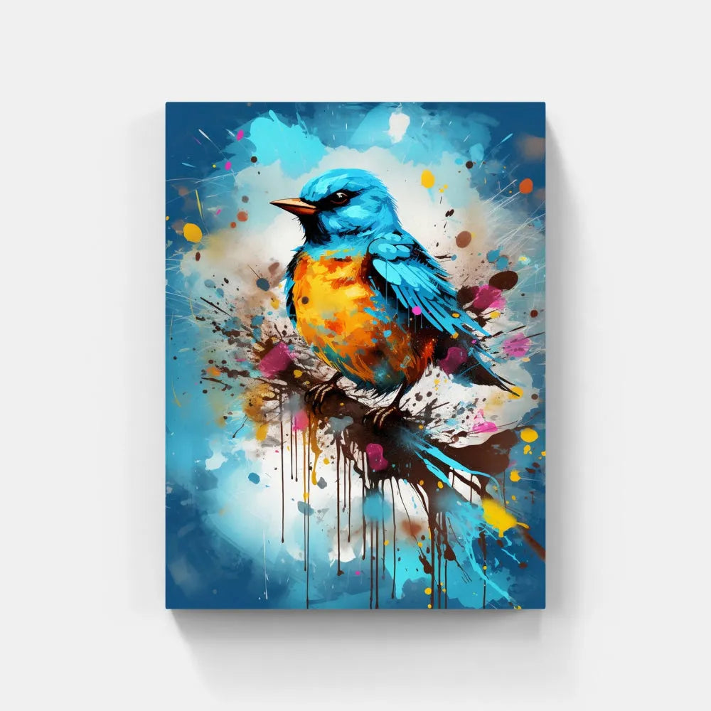 Touteladeco / Toile / Tableau / tableau oiseau bleu / merlebleu de l’Est stylisé / art animalier coloré / décoration murale poétique / peinture pop art oiseau / effet éclaboussures de peinture / oiseau bleu et orange / style street art moderne / déco naturelle et expressive / impression sur toile