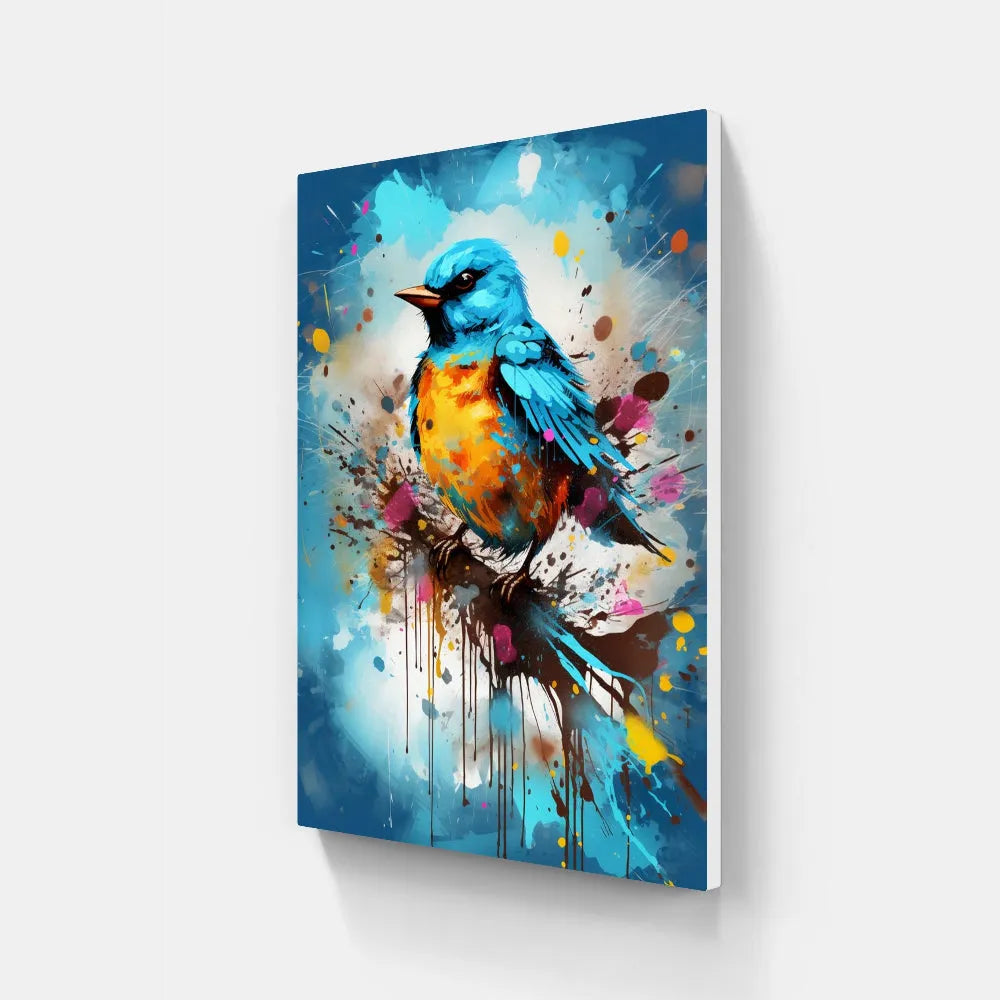 Touteladeco / Toile / Tableau / tableau oiseau bleu / merlebleu de l’Est stylisé / art animalier coloré / décoration murale poétique / peinture pop art oiseau / effet éclaboussures de peinture / oiseau bleu et orange / style street art moderne / déco naturelle et expressive / impression sur toile