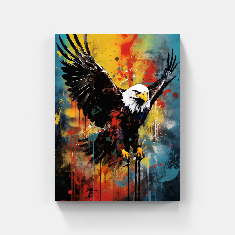 Touteladeco / Toile / Tableau / tableau aigle pop art / aigle en plein envol / art animalier puissant / décoration murale rapace / style street art coloré / peinture moderne éclaboussée / fond jaune rouge bleu / symbole de liberté et force / impression sur toile / déco audacieuse et inspirante