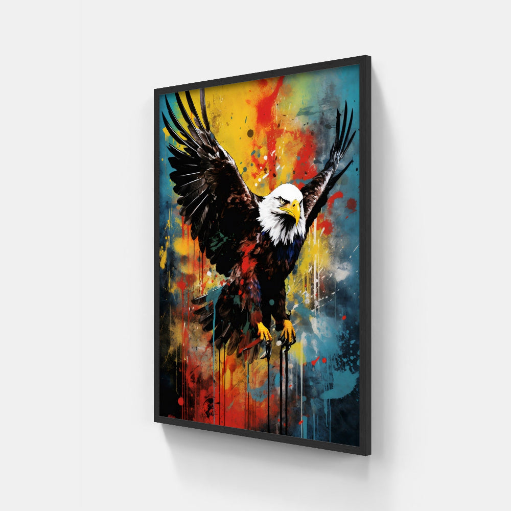 Touteladeco / Toile / Tableau / tableau aigle pop art / aigle en plein envol / art animalier puissant / décoration murale rapace / style street art coloré / peinture moderne éclaboussée / fond jaune rouge bleu / symbole de liberté et force / impression sur toile / déco audacieuse et inspirante