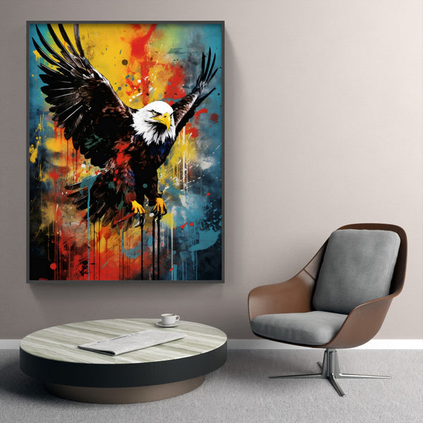 Touteladeco / Toile / Tableau / tableau aigle pop art / aigle en plein envol / art animalier puissant / décoration murale rapace / style street art coloré / peinture moderne éclaboussée / fond jaune rouge bleu / symbole de liberté et force / impression sur toile / déco audacieuse et inspirante