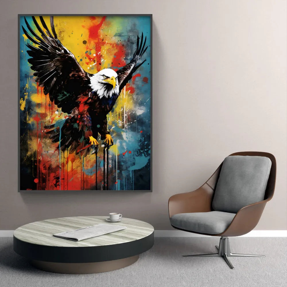 Touteladeco / Toile / Tableau / tableau aigle pop art / aigle en plein envol / art animalier puissant / décoration murale rapace / style street art coloré / peinture moderne éclaboussée / fond jaune rouge bleu / symbole de liberté et force / impression sur toile / déco audacieuse et inspirante
