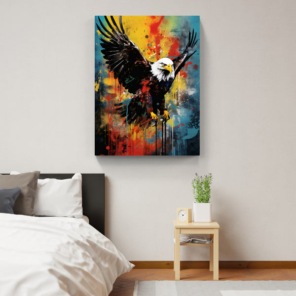Touteladeco / Toile / Tableau / tableau aigle pop art / aigle en plein envol / art animalier puissant / décoration murale rapace / style street art coloré / peinture moderne éclaboussée / fond jaune rouge bleu / symbole de liberté et force / impression sur toile / déco audacieuse et inspirante