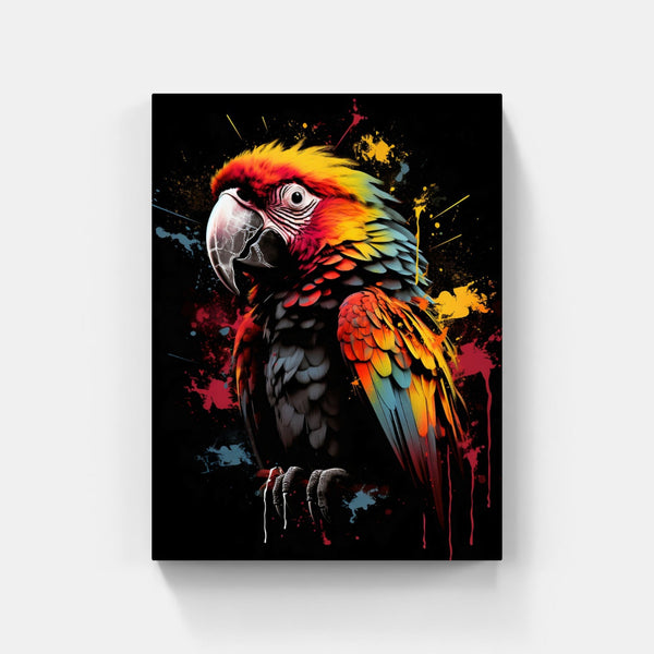 Touteladeco / Toile / Tableau / tableau perroquet pop art / ara macao stylisé / art animalier coloré / décoration murale exotique / oiseau tropical multicolore / peinture éclaboussée moderne / style street art vibrant / fond noir artistique / impression sur toile / déco expressive et audacieuse