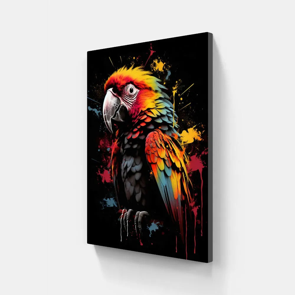 Touteladeco / Toile / Tableau / tableau perroquet pop art / ara macao stylisé / art animalier coloré / décoration murale exotique / oiseau tropical multicolore / peinture éclaboussée moderne / style street art vibrant / fond noir artistique / impression sur toile / déco expressive et audacieuse