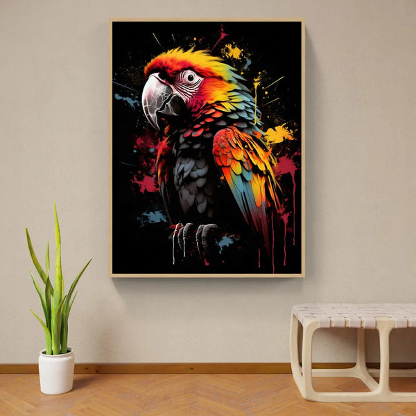 Touteladeco / Toile / Tableau / tableau perroquet pop art / ara macao stylisé / art animalier coloré / décoration murale exotique / oiseau tropical multicolore / peinture éclaboussée moderne / style street art vibrant / fond noir artistique / impression sur toile / déco expressive et audacieuse