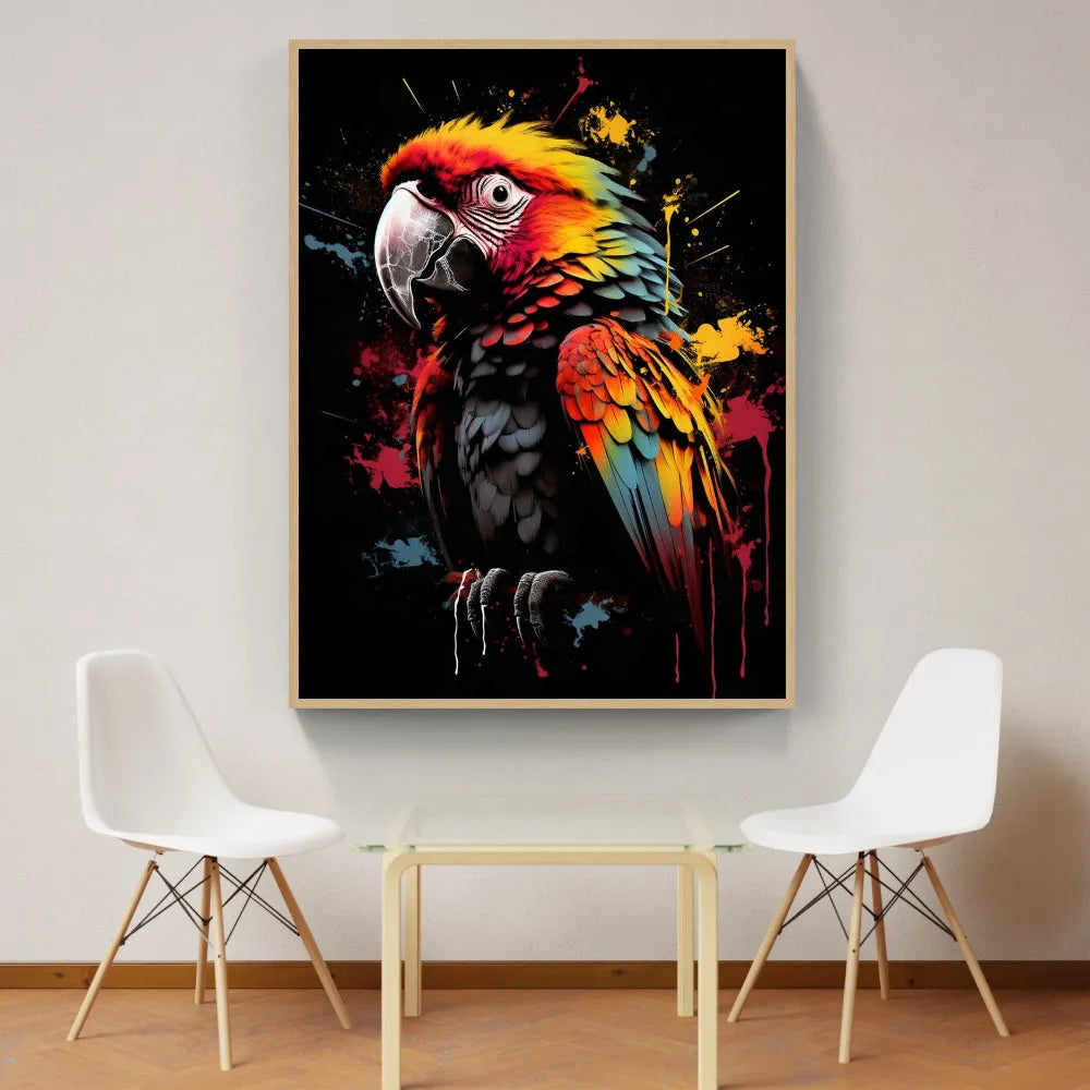 Touteladeco / Toile / Tableau / tableau perroquet pop art / ara macao stylisé / art animalier coloré / décoration murale exotique / oiseau tropical multicolore / peinture éclaboussée moderne / style street art vibrant / fond noir artistique / impression sur toile / déco expressive et audacieuse