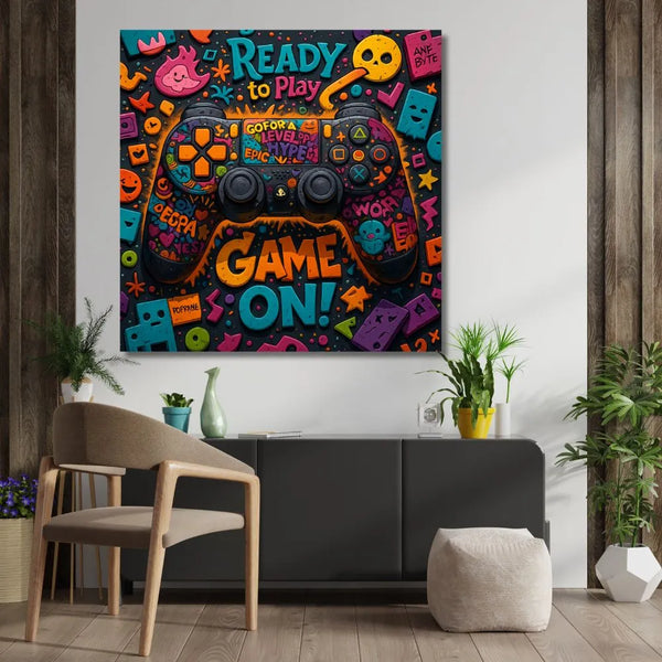 Touteladeco / Tableau / Toile / tableau gaming / décoration chambre gamer / manette colorée / game on / ready to play / art pop jeux vidéo / tableau geek / déco ado / toile console / affiche gamer