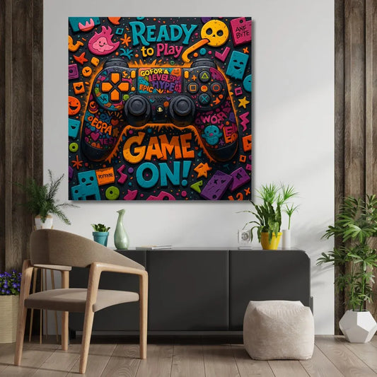 Touteladeco / Tableau / Toile / tableau gaming / décoration chambre gamer / manette colorée / game on / ready to play / art pop jeux vidéo / tableau geek / déco ado / toile console / affiche gamer