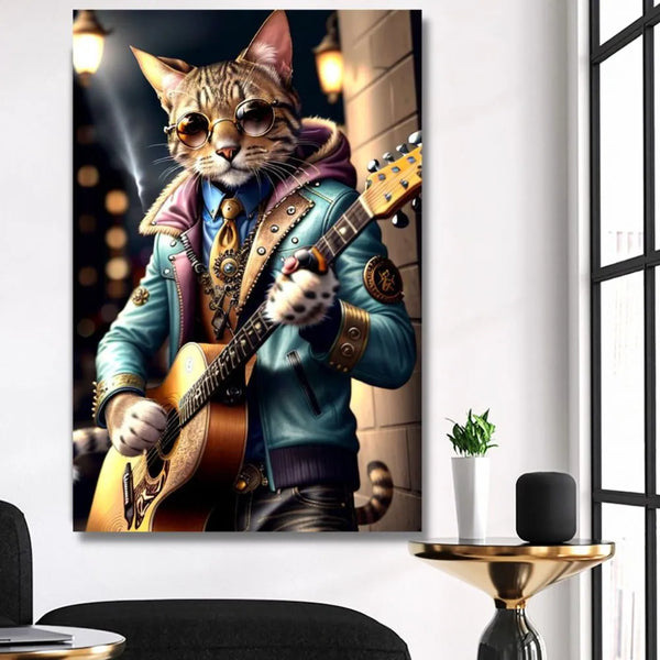 Touteladeco / Tableau Pop Art / Animaux / Chat / Décoration Murale / Décoration de maison / Moderne / Guitare / Musique