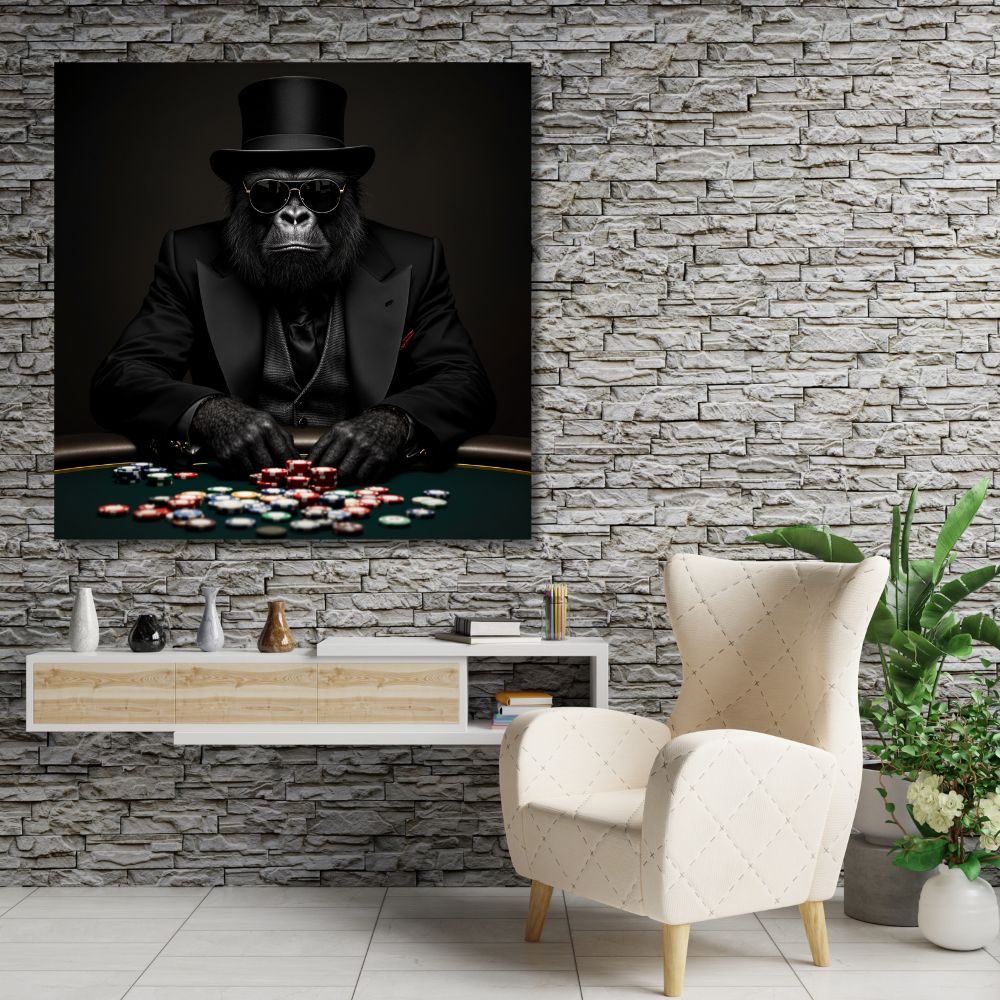 Touteladeco / Toile / Tableau / gorille poker / toile gangster / tableau animalier chic / décoration poker / art mural casino / gorille élégant / toile ambiance mafia / tableau gorille costume