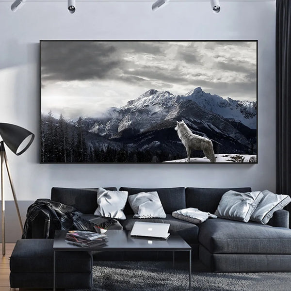 Touteladeco / Tableau Art / Paysage / Loup / Montagne / Neige / Décoration Murale / Décoration de maison / Moderne