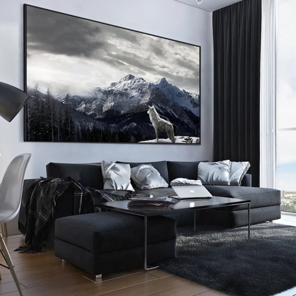 Touteladeco / Tableau Art / Paysage / Loup / Montagne / Neige / Décoration Murale / Décoration de maison / Moderne