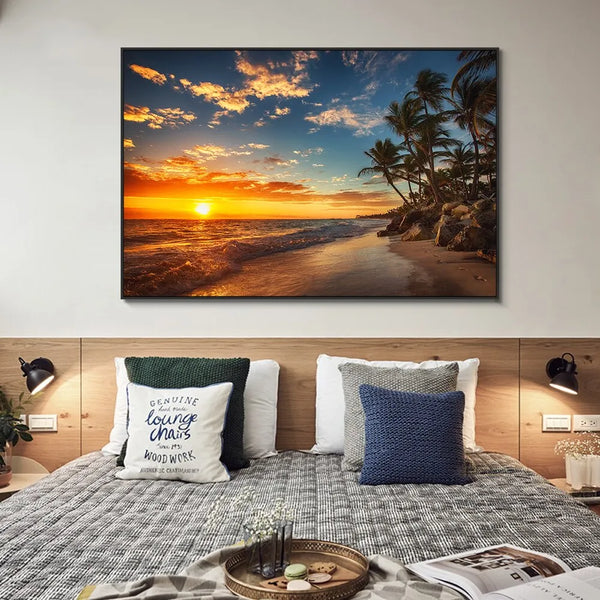 Touteladeco / Tableau Art / Paysage / Plage Paradisiaque / Coucher de Soleil / Décoration Murale / Décoration de maison / Moderne