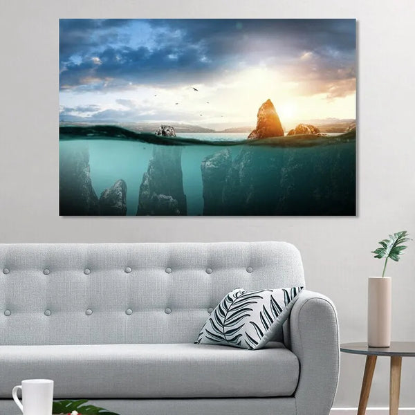 Touteladeco / Tableau Art / Paysage / Sous Marine / Mer / Coucher de Soleil / Décoration Murale / Décoration de maison / Moderne