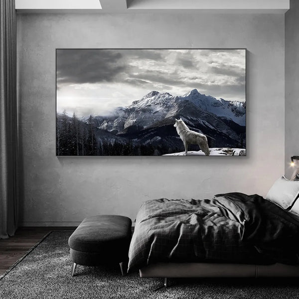 Touteladeco / Tableau Art / Paysage / Loup / Montagne / Neige / Décoration Murale / Décoration de maison / Moderne