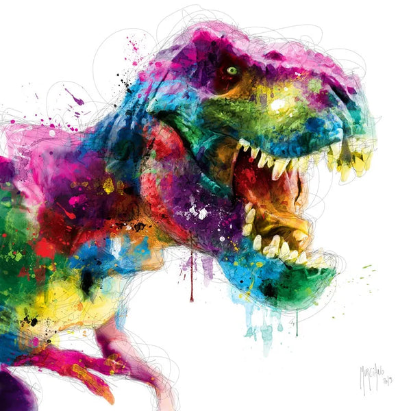 Touteladeco / toile / tableau / Patrice Murciano / tableau t-rex pop art / dinosaure coloré / art jurassique moderne / décoration murale originale / tyrannosaure multicolore / peinture éclaboussée vive / style graphique énergique / déco chambre enfant ou geek / impression sur toile / tableau préhistorique revisité