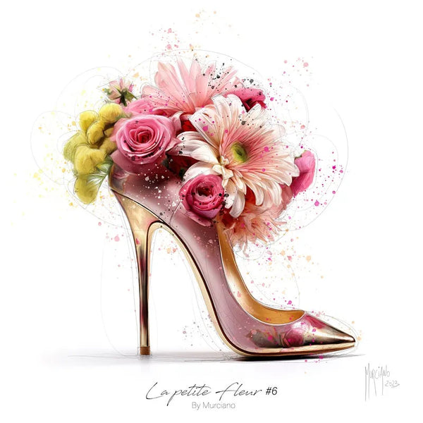 Touteladeco / Tableau Art / femme / Art / Patrice Murciano / Pop Art / Décoration Murale / Décoration de maison / Moderne / Toile / Chaussure / Talon / Dorée / Fleur / Chic / Elegant / Glamour