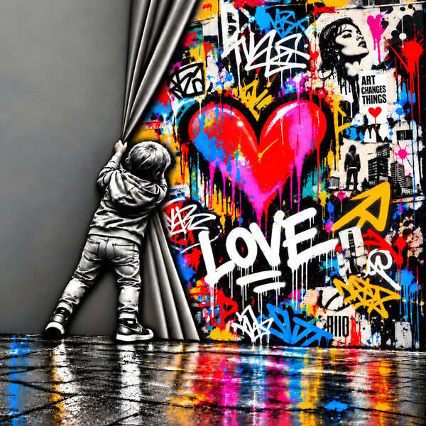 Street Art, Love, Graffiti, Pop Art, Art Urbain, Tableau Moderne, Décoration Murale, Tableau Coloré, Amour, Behind The Wall.