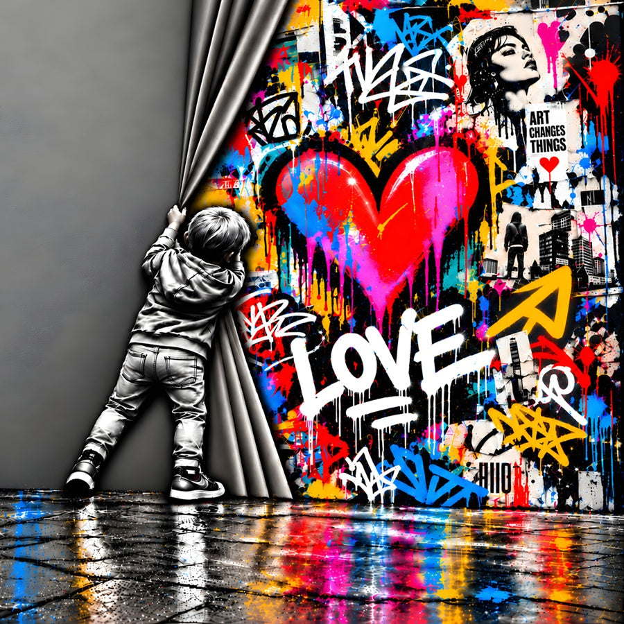 Street Art, Love, Graffiti, Pop Art, Art Urbain, Tableau Moderne, Décoration Murale, Tableau Coloré, Amour, Behind The Wall.