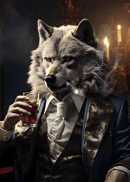Touteladeco / Tableau Pop Art / Loup / CIgare / Décoration Murale / Moderne / Verre / Costume / Siege / Toile / Tableau