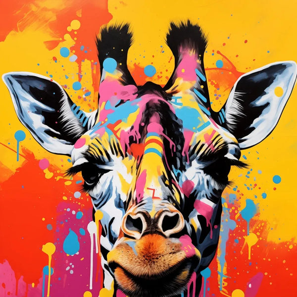 Touteladeco / toile / tableau / tableau girafe pop art / art animalier coloré / décoration murale fun / girafe stylisée multicolore / explosion de peinture / fond jaune et orange / style graffiti moderne / art urbain et ludique / tableau original et tendance / impression sur toile