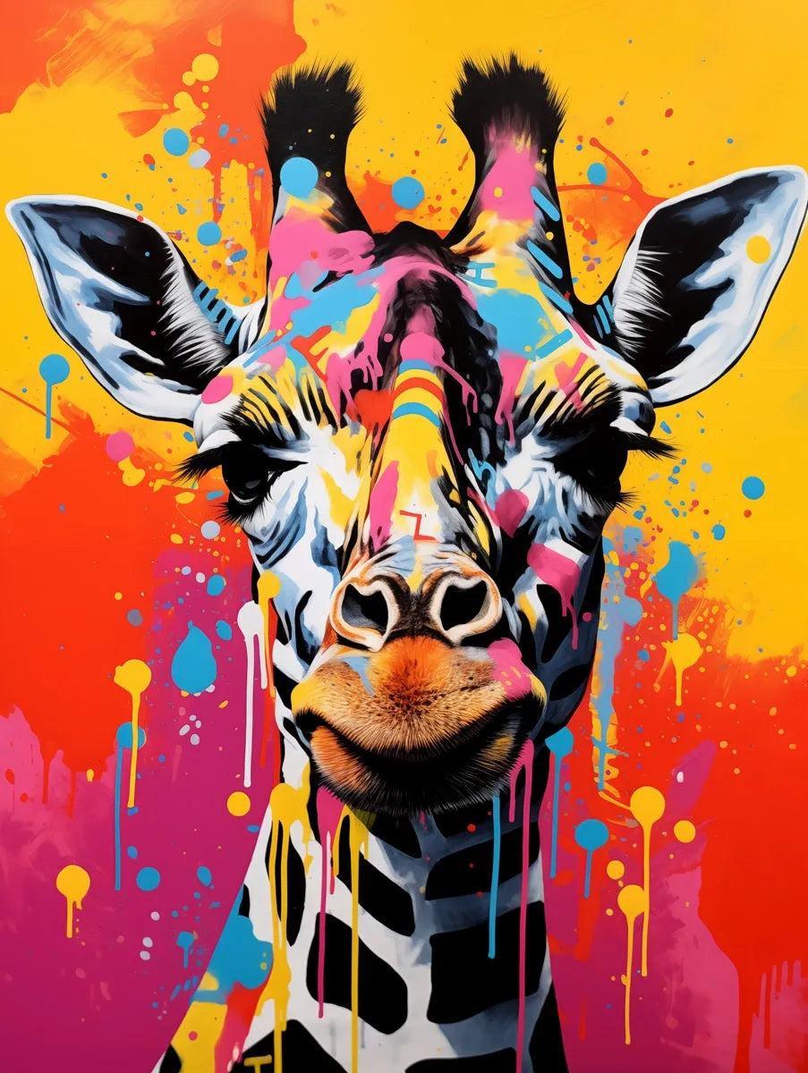 Touteladeco / toile / tableau / tableau girafe pop art / art animalier coloré / décoration murale fun / girafe stylisée multicolore / explosion de peinture / fond jaune et orange / style graffiti moderne / art urbain et ludique / tableau original et tendance / impression sur toile