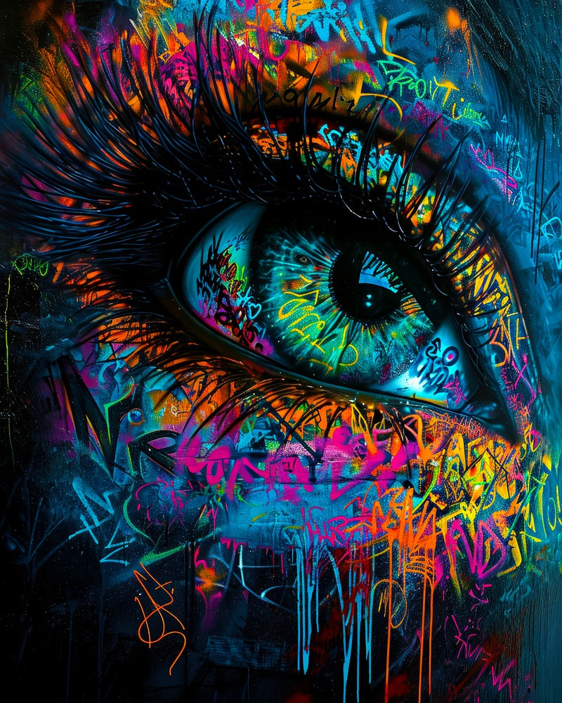Touteladeco / Tableau / Toile / tableau œil graffiti / art urbain moderne / décoration murale street art / regard perçant coloré / explosion de couleurs / style graffiti contemporain / peinture murale expressive / déco artistique audacieuse / impression sur toile / ambiance mystique et captivante