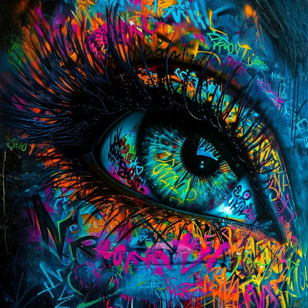 Touteladeco / Tableau / Toile / tableau œil graffiti / art urbain moderne / décoration murale street art / regard perçant coloré / explosion de couleurs / style graffiti contemporain / peinture murale expressive / déco artistique audacieuse / impression sur toile / ambiance mystique et captivante
