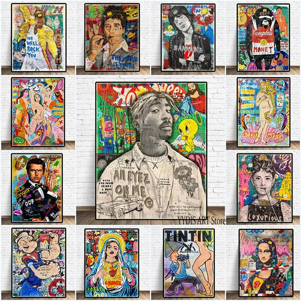 Touteladeco / Tableau Pop Art / Street Art / Stars Graffitis / Décoration Murale / Décoration de maison / Moderne