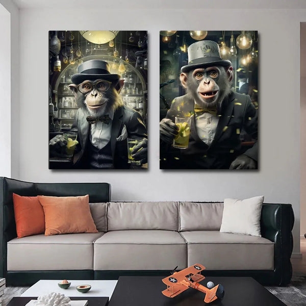 Touteladeco / Tableau Pop Art / Singe / Décoration Murale / Moderne / Barman / Costume / Barman / Toile