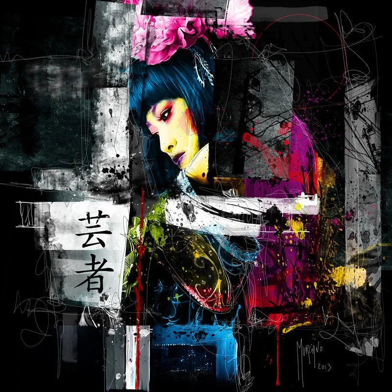 Touteladeco / Toile / tableau / Patrice Murciano / tableau tokyo black / portrait femme japonaise / art urbain contemporain / décoration murale asiatique / geisha moderne stylisée / peinture éclaboussée colorée / style street art élégant / calligraphie japonaise / impression sur toile / tableau artistique et expressif