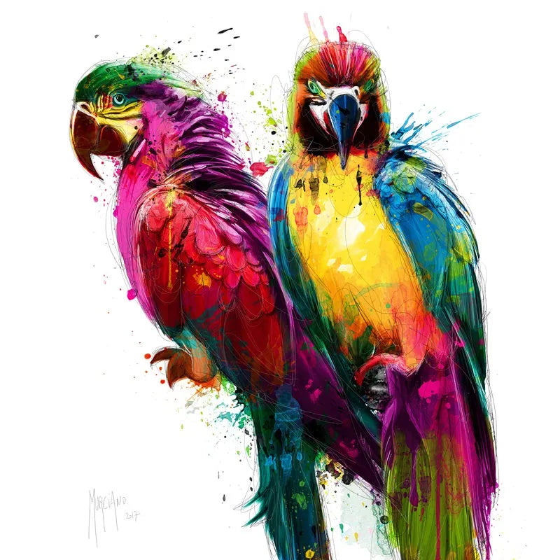 Touteladeco / toile / tableau / Patrice Murciano / tableau perroquets tropicaux / art animalier coloré / décoration murale exotique / perroquets multicolores / style pop art moderne / peinture éclaboussée vive / aras stylisés / ambiance tropicale et joyeuse / impression sur toile / déco vibrante et expressive