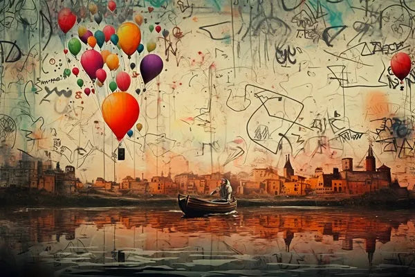 Touteladeco / Tableau Art / Tour en Montgolfière / Ballons / Abstrait / Couleurs / Explosions / Graffiti / Pop Art / Décoration Murale / Décoration de maison / Moderne / Toile
