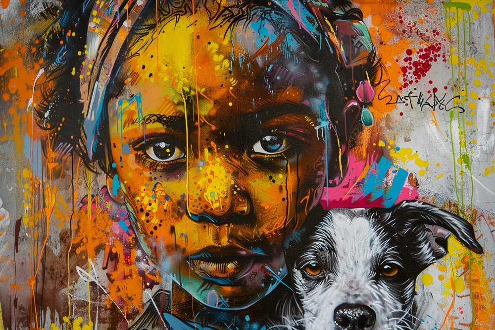 Touteladeco / Tableau Art / Banksy / Street Art / Enfant / Chien / African girl / Graffiti / Pop Art / Décoration Murale / Décoration de maison / Moderne / Toile / Cadeau