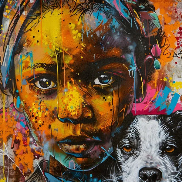 Touteladeco / Tableau Art / Banksy / Street Art / Enfant / Chien / African girl / Graffiti / Pop Art / Décoration Murale / Décoration de maison / Moderne / Toile / Cadeau