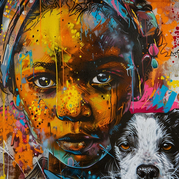 Touteladeco / Tableau Art / Banksy / Street Art / Enfant / Chien / African girl / Graffiti / Pop Art / Décoration Murale / Décoration de maison / Moderne / Toile / Cadeau