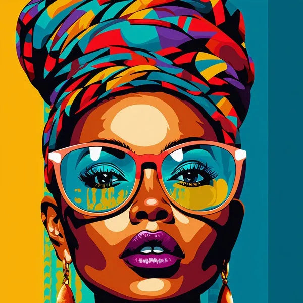 Touteladeco / Tableau Pop Art / Street Art / Girl Power / Décoration Murale / Décoration de maison / Moderne / Femme / Visage / Couleur / Afrique / African / Girl / Doré / Queen / Pop Art / Lunettes